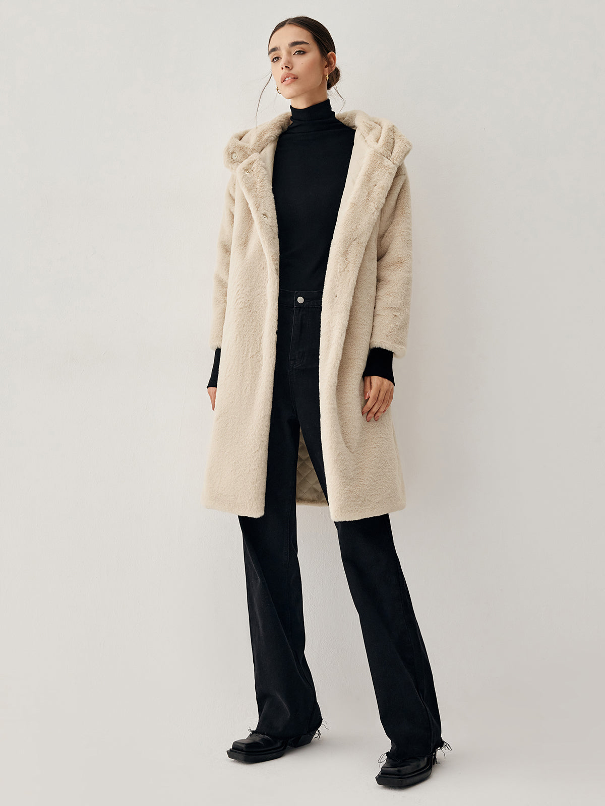 Apricot Faux Fur Hooded Longline Coat