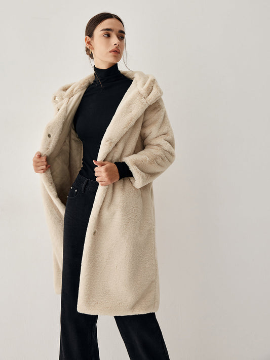 Apricot Faux Fur Hooded Longline Coat