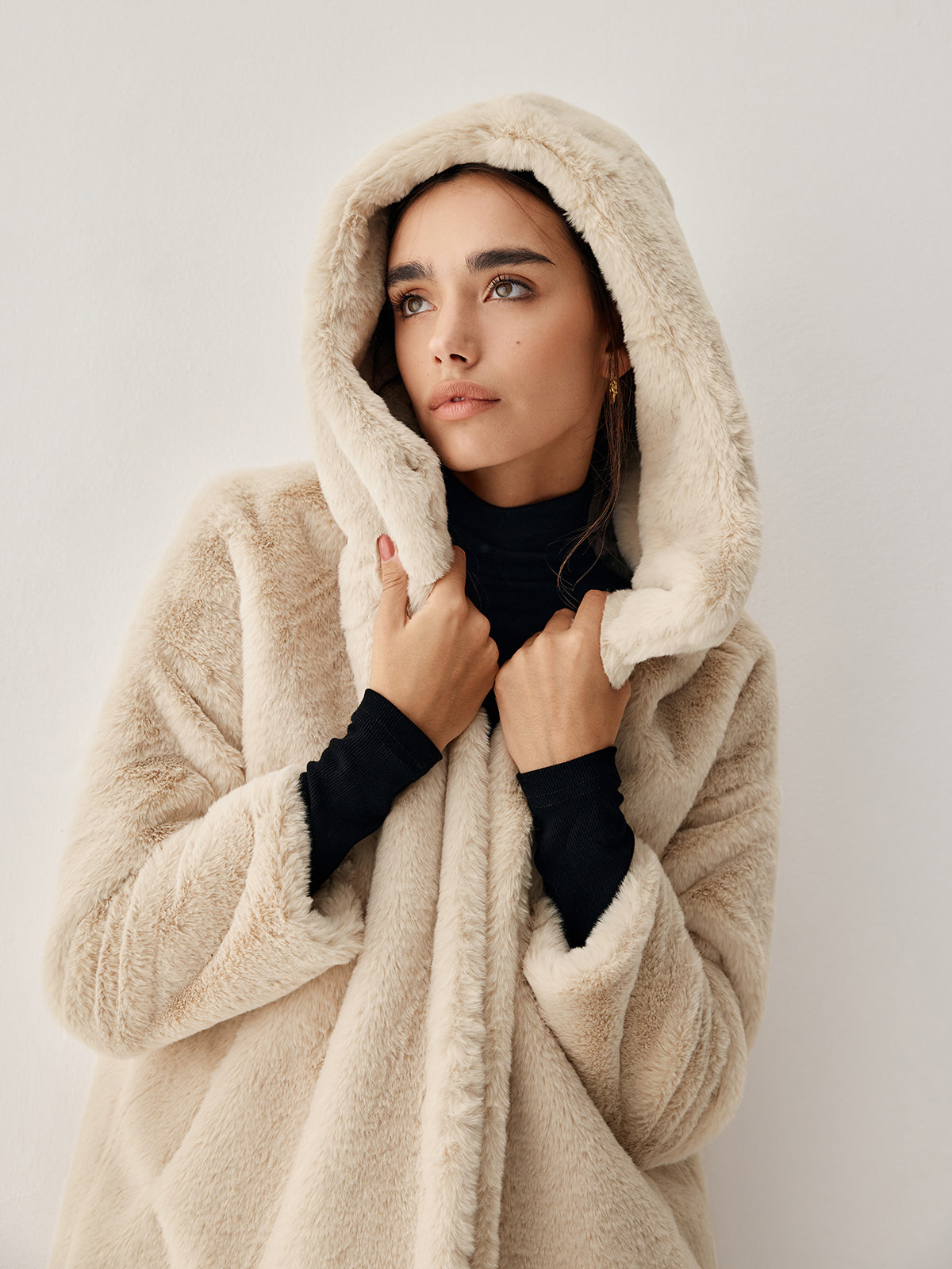 Apricot Faux Fur Hooded Longline Coat